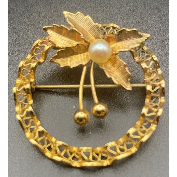 Classic Vintage  Brooch Pin 1/20 12K Gold Filled Round Faux Pearl 1.25"Retro - Picture 2 of 8